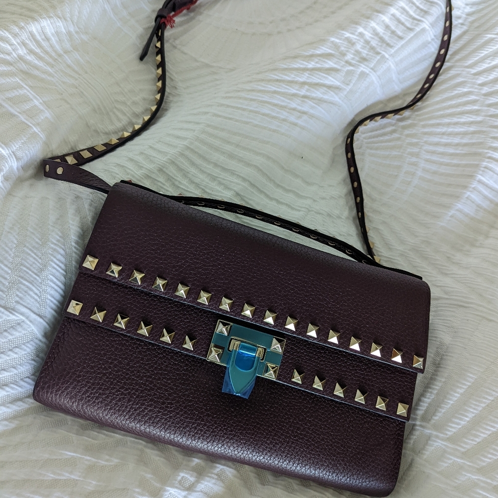Burgundy Valentino Double Flap Flip Lock Crossbody Grainy Calfskin